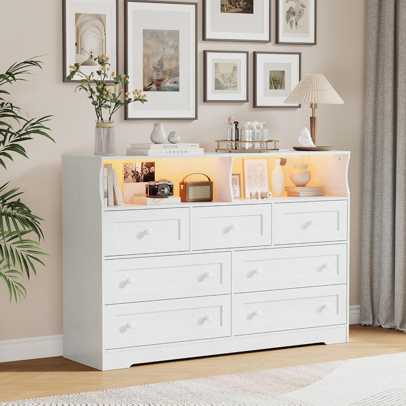 Modern LED Book Shelf Cabinet with Open Display and Multi Storage Drawers White Finish
