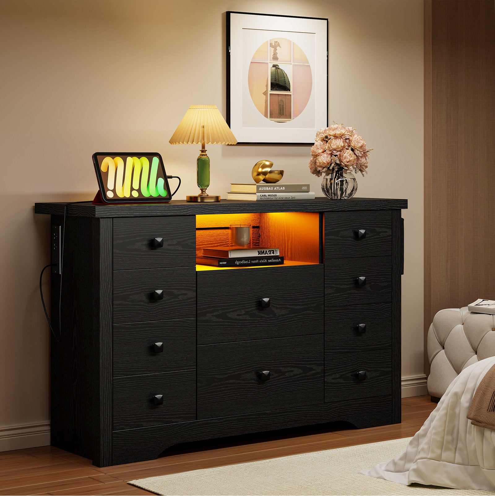 Premium Black Wooden Book Shelf Cabinet with LED Display and Storage Drawers