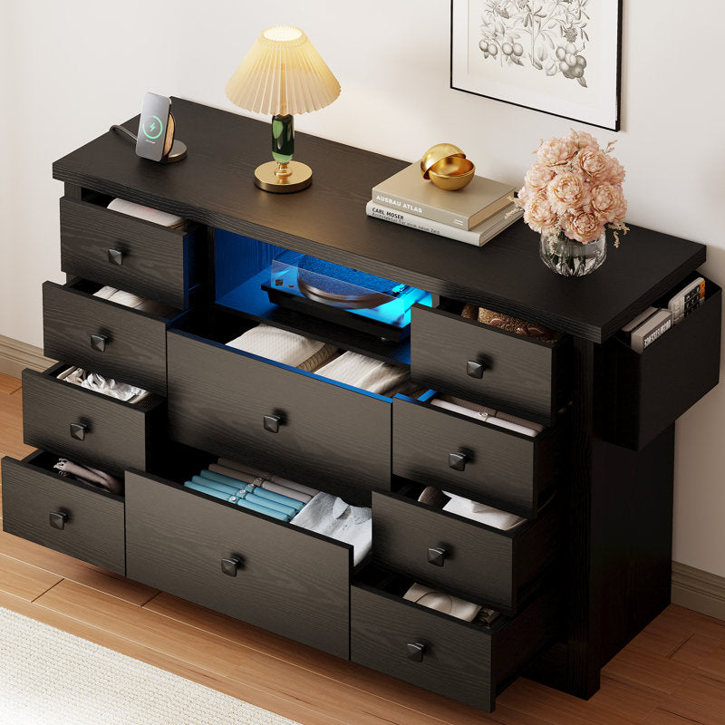 Premium Black Wooden Book Shelf Cabinet with LED Display and Storage Drawers