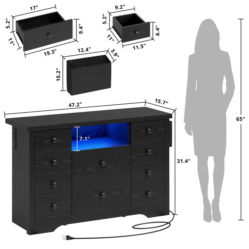Premium Black Wooden Book Shelf Cabinet with LED Display and Storage Drawers