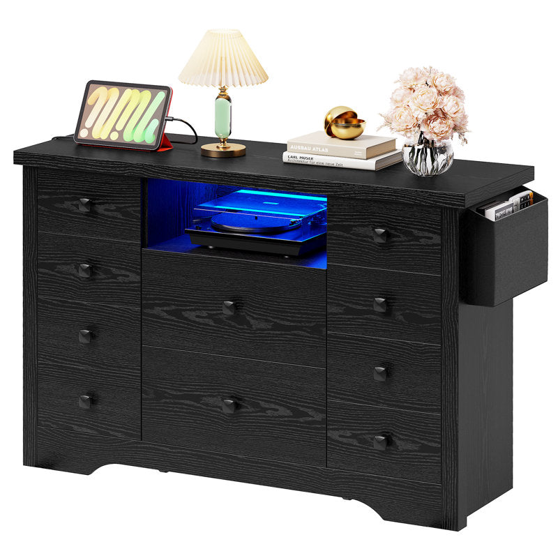 Premium Black Wooden Book Shelf Cabinet with LED Display and Storage Drawers
