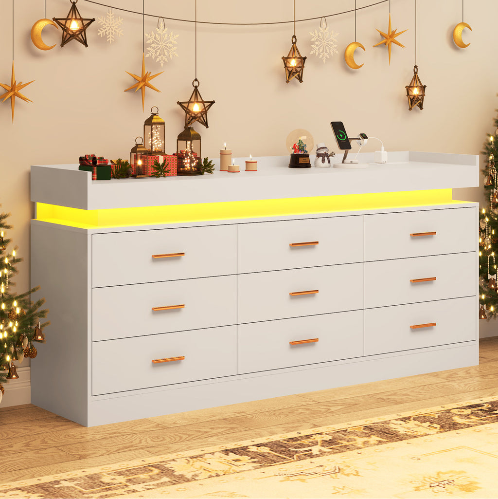 Modern LED Storage Dresser with Open Display Shelf & 6 Drawers