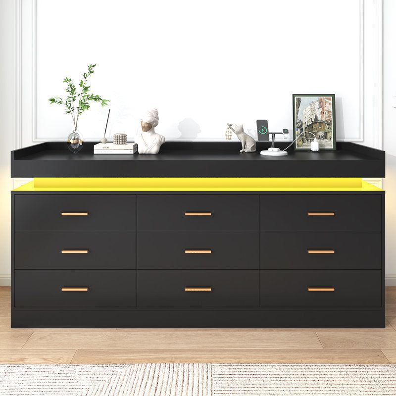 Modern LED Storage Dresser with Open Display Shelf & 6 Drawers