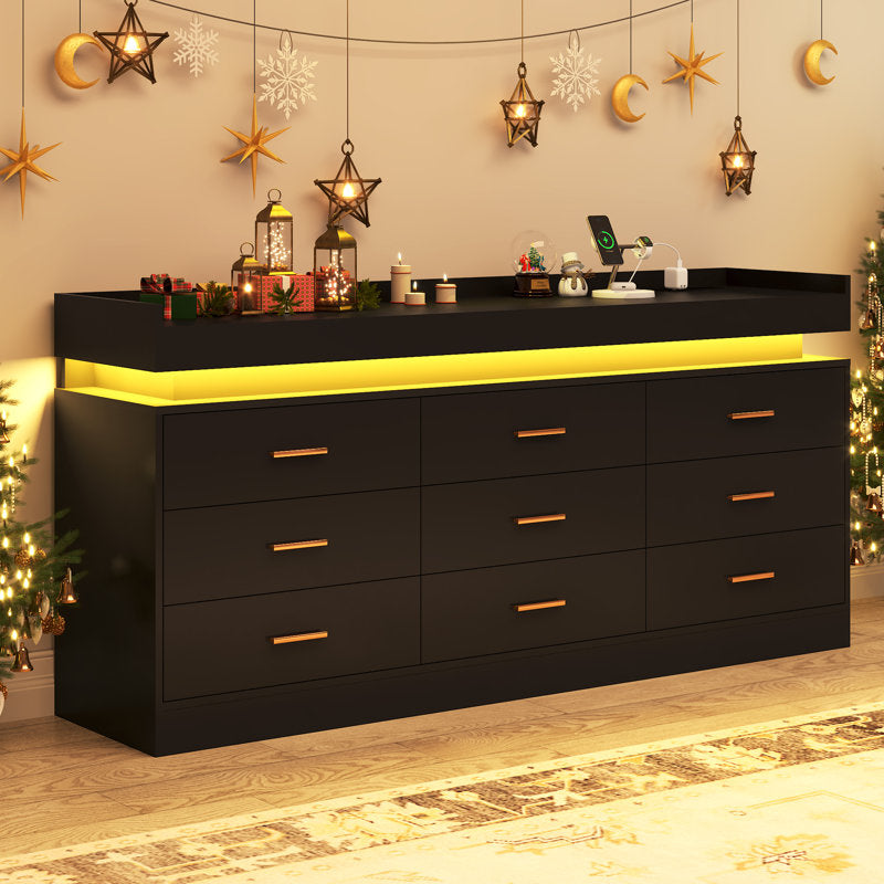 Modern LED Storage Dresser with Open Display Shelf & 6 Drawers