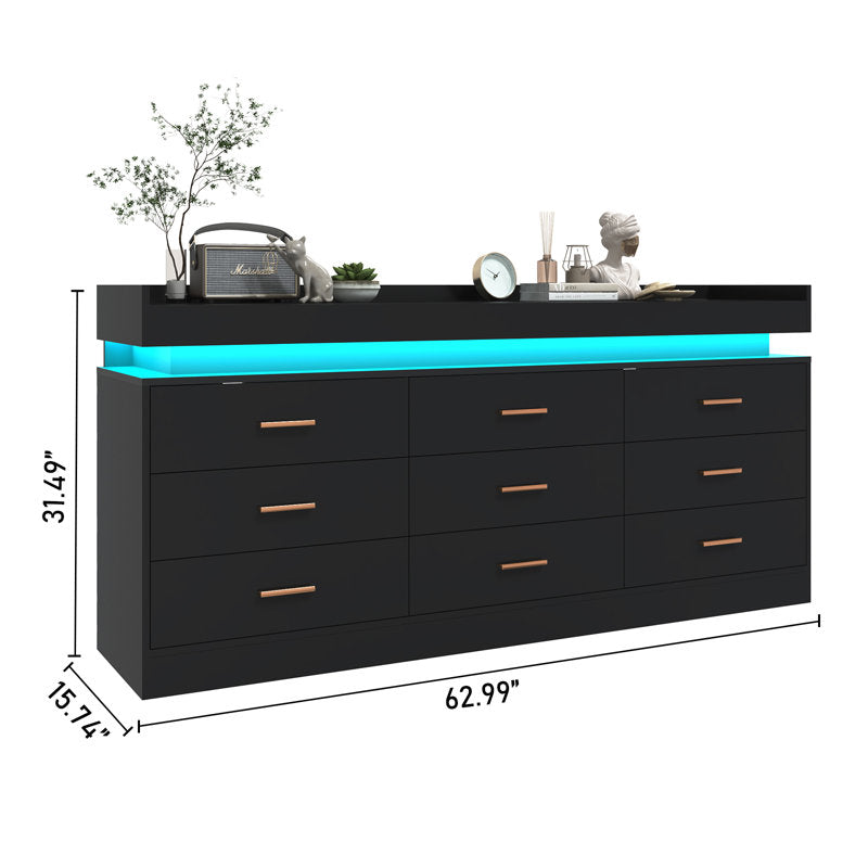 Modern LED Storage Dresser with Open Display Shelf & 6 Drawers