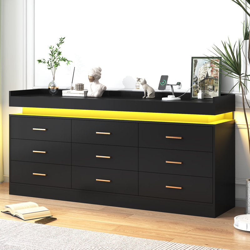 Modern LED Storage Dresser with Open Display Shelf & 6 Drawers
