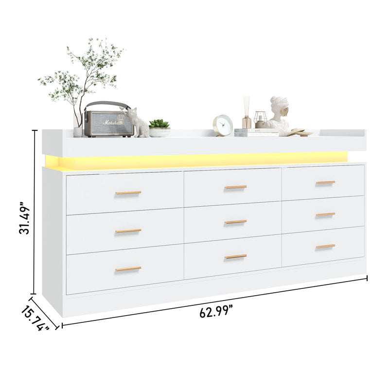 Modern LED Storage Dresser with Open Display Shelf & 6 Drawers