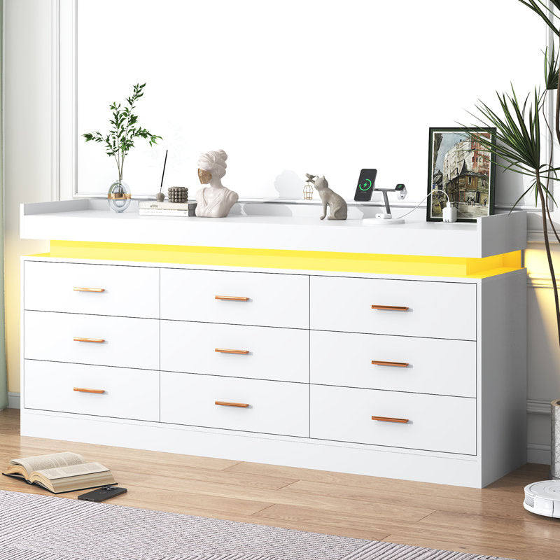Modern LED Storage Dresser with Open Display Shelf & 6 Drawers