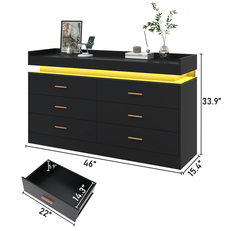 Elegant LED Bedroom Dresser with Ambient Lighting and Integrated Charging Hub