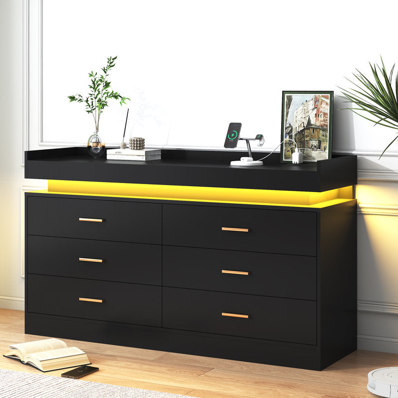 Elegant LED Bedroom Dresser with Ambient Lighting and Integrated Charging Hub
