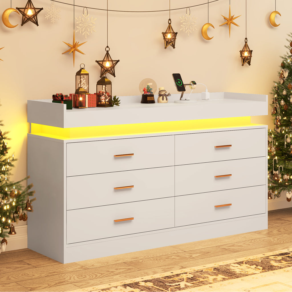 Elegant LED Bedroom Dresser with Ambient Lighting and Integrated Charging Hub