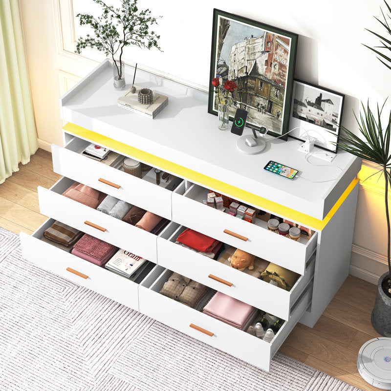 Elegant LED Bedroom Dresser with Ambient Lighting and Integrated Charging Hub