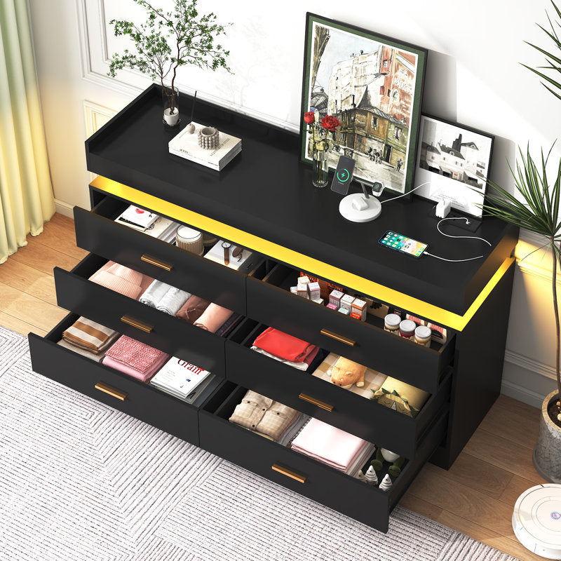 Elegant LED Bedroom Dresser with Ambient Lighting and Integrated Charging Hub