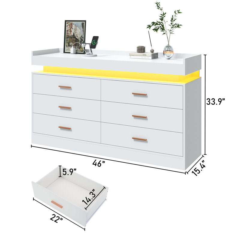 Elegant LED Bedroom Dresser with Ambient Lighting and Integrated Charging Hub