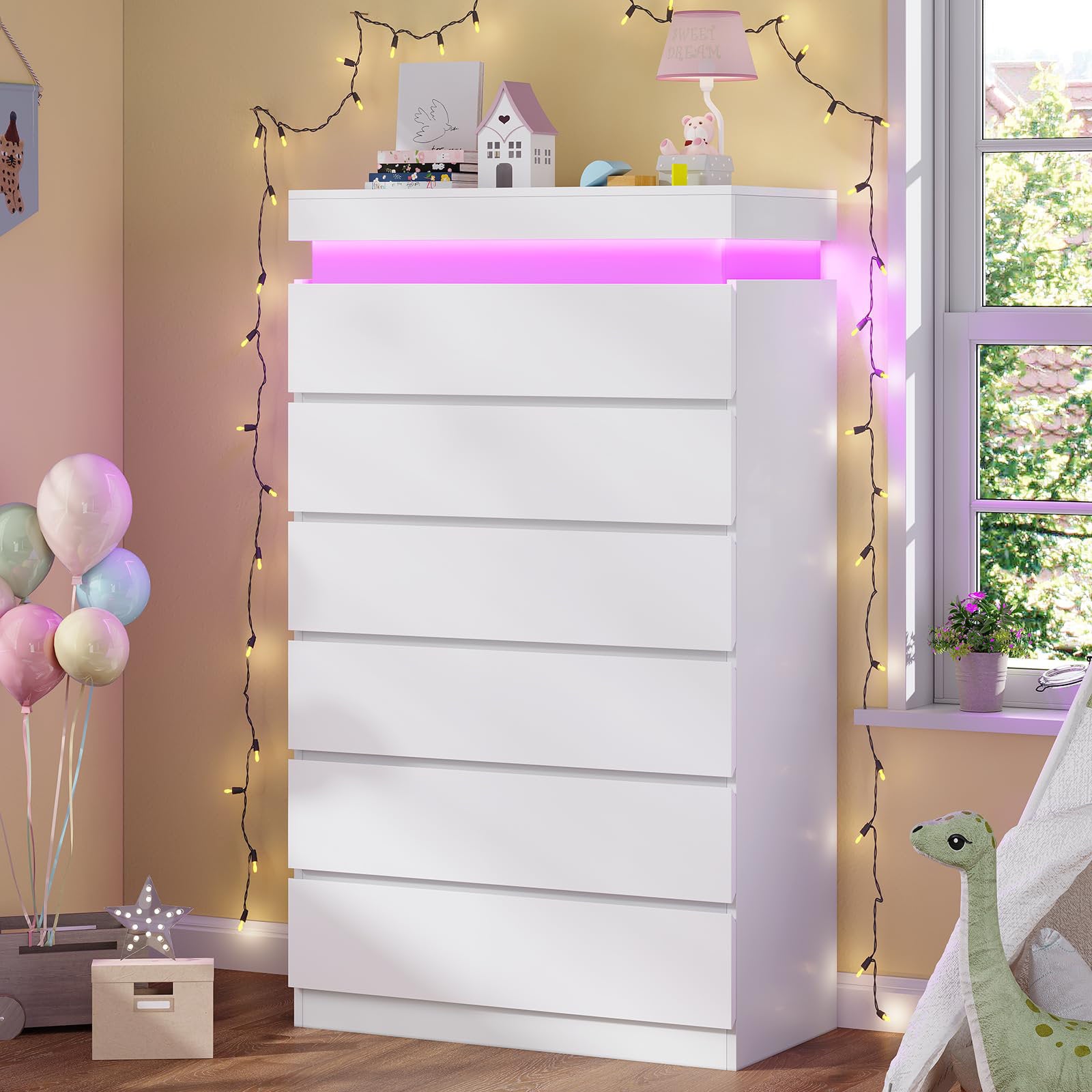 Modern LED Tall Dresser with 6 Drawers and Ambient Lighting