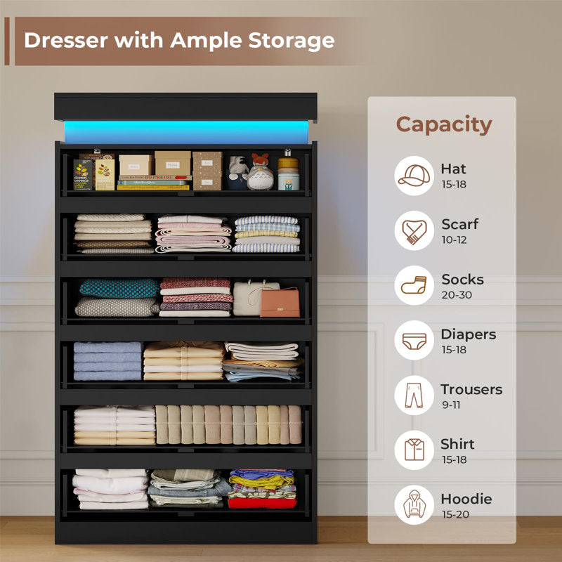 Modern LED Tall Dresser with 6 Drawers and Ambient Lighting