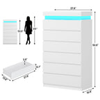 Modern LED Tall Dresser with 6 Drawers and Ambient Lighting