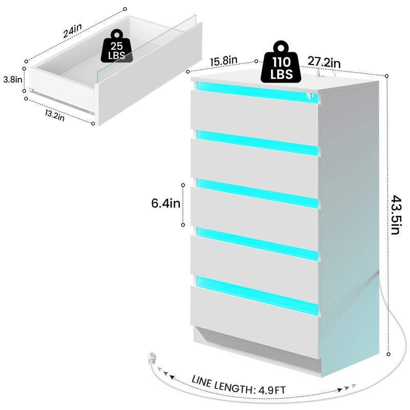 Minimalist  LED Bedroom Dresser with Multi Drawer Storage