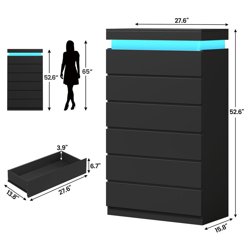Modern LED Tall Dresser with 6 Drawers and Ambient Lighting