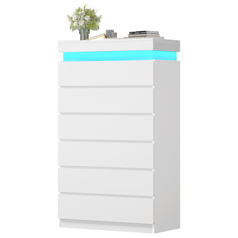 Modern LED Tall Dresser with 6 Drawers and Ambient Lighting