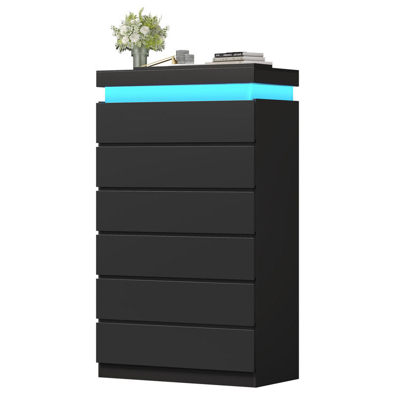 Modern LED Tall Dresser with 6 Drawers and Ambient Lighting