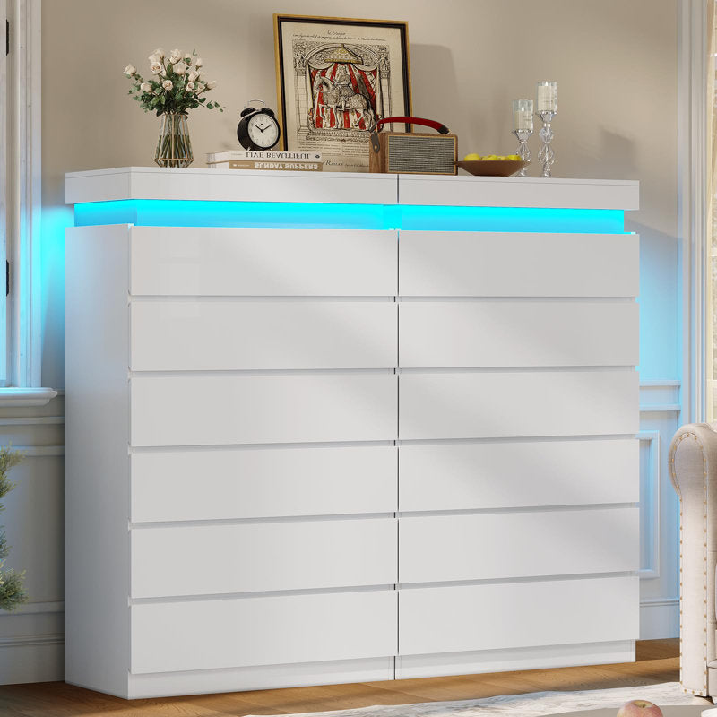 Modern LED Tall Dresser with 6 Drawers and Ambient Lighting
