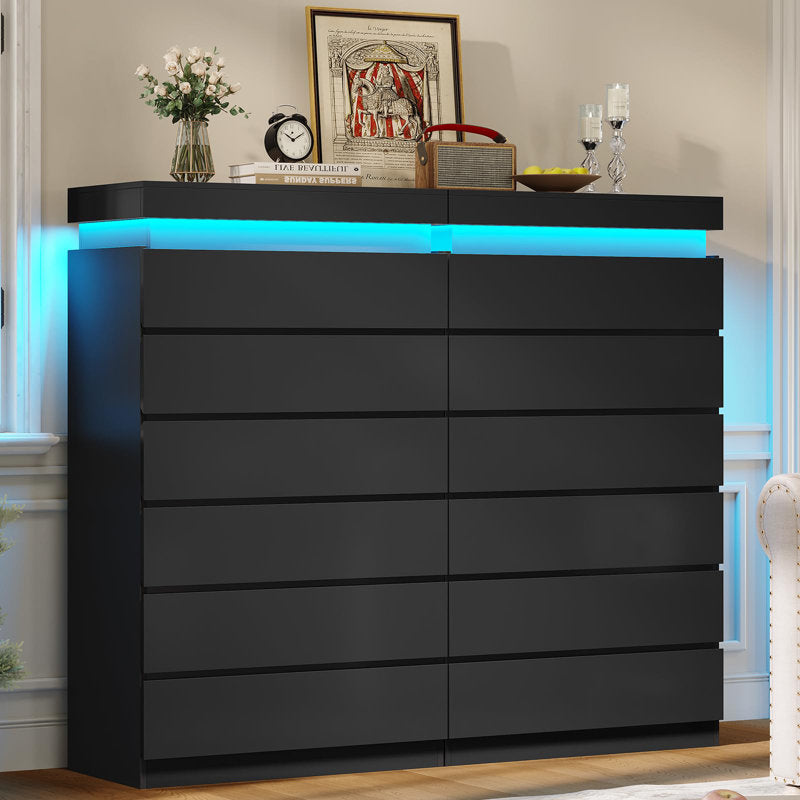 Modern LED Tall Dresser with 6 Drawers and Ambient Lighting