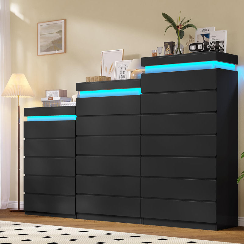 Modern LED Tall Dresser with 6 Drawers and Ambient Lighting