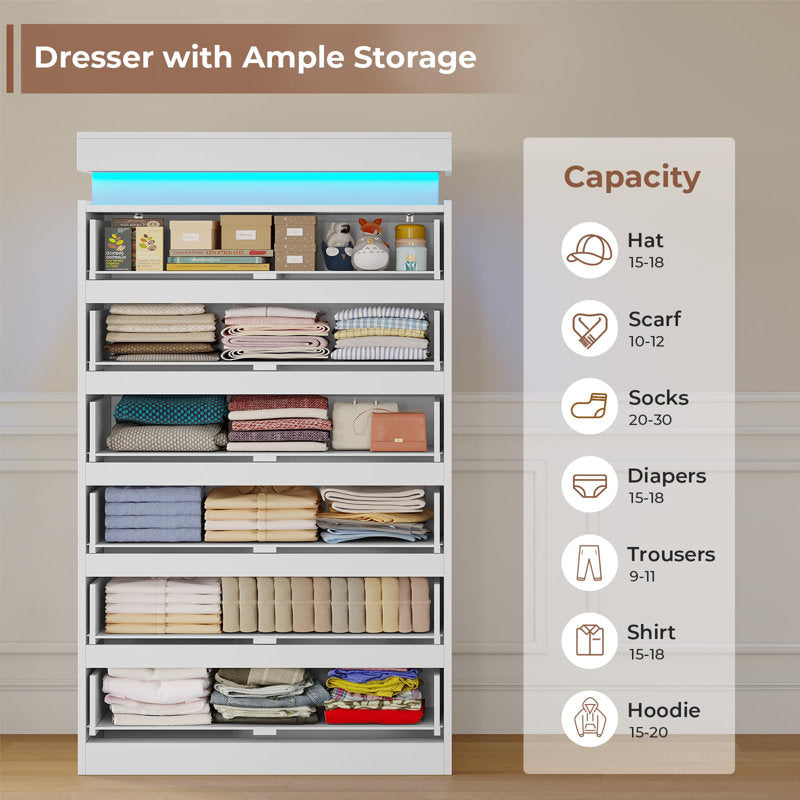 Modern LED Tall Dresser with 6 Drawers and Ambient Lighting