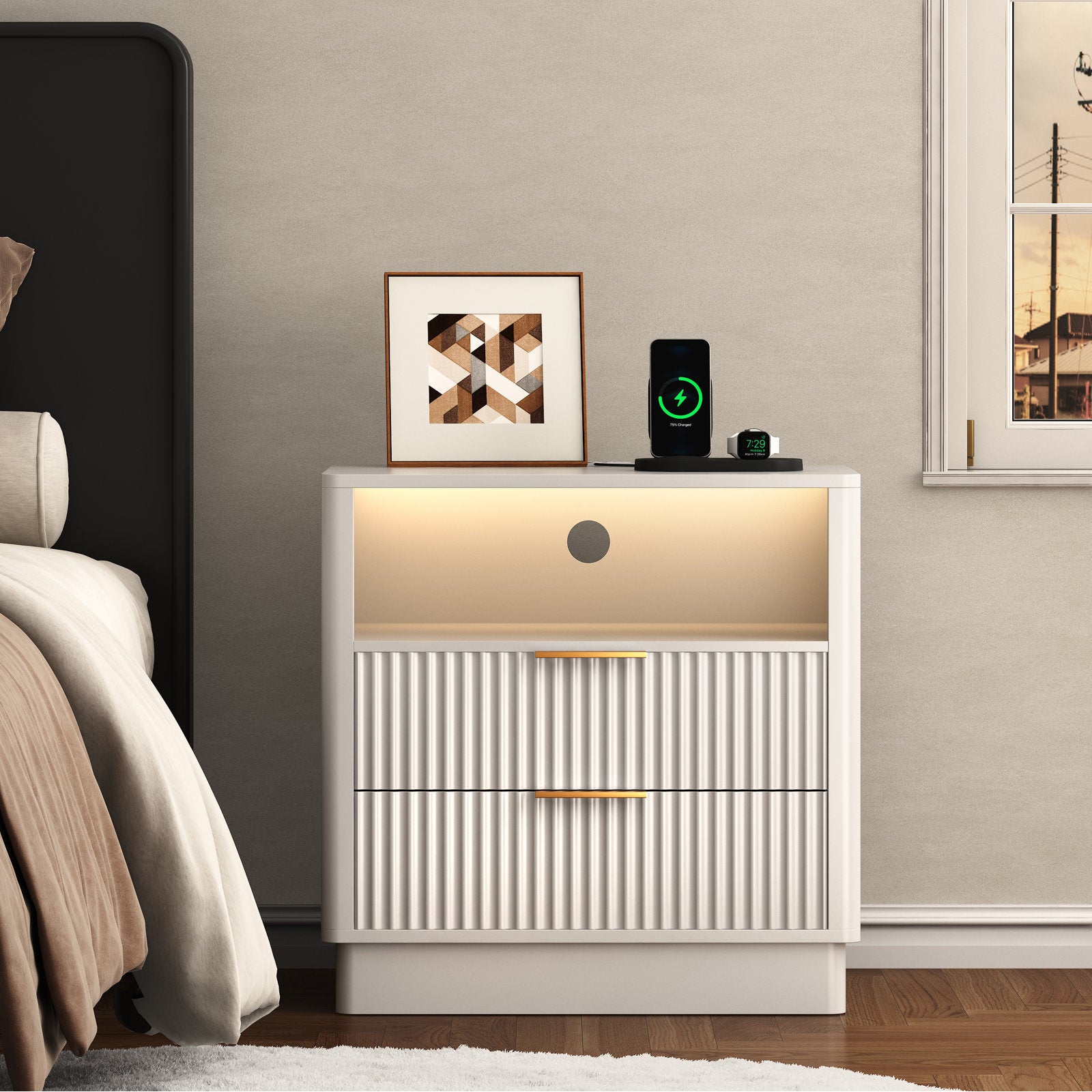 AuraGlow LED Nightstand with Modern Storage Design