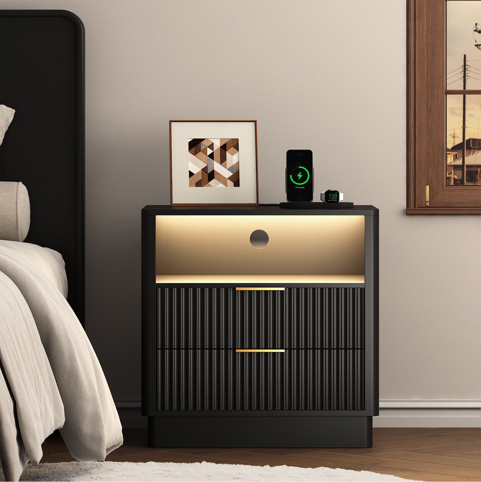 AuraGlow LED Nightstand with Modern Storage Design