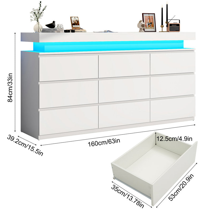 Contemporary  Double Dresser with RGB LED Lights and Spacious Storage Drawers