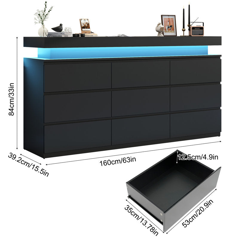 Contemporary  Double Dresser with RGB LED Lights and Spacious Storage Drawers