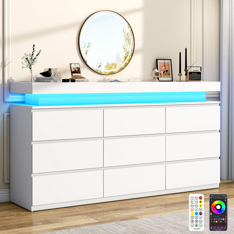 Contemporary  Double Dresser with RGB LED Lights and Spacious Storage Drawers