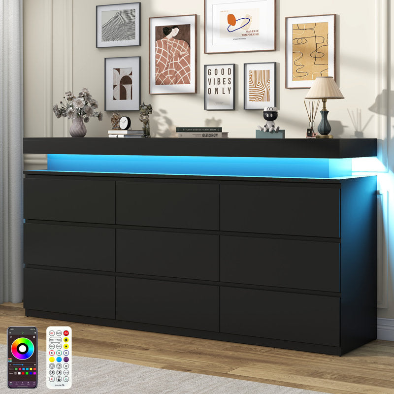 Contemporary  Double Dresser with RGB LED Lights and Spacious Storage Drawers