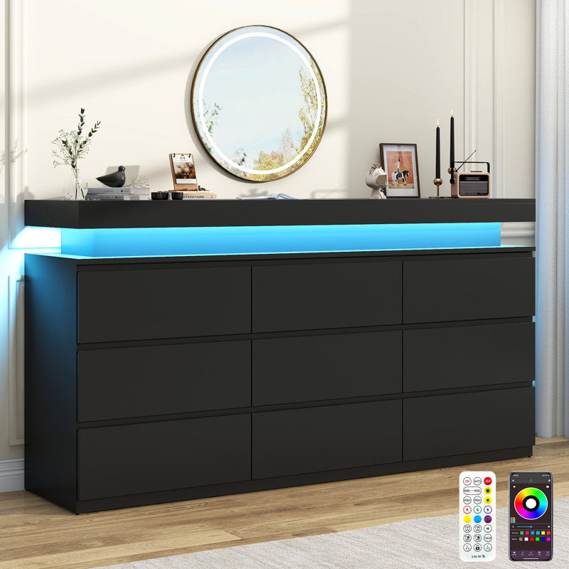 Contemporary  Double Dresser with RGB LED Lights and Spacious Storage Drawers