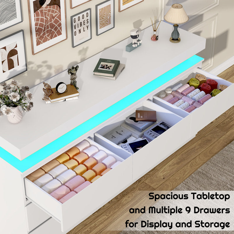 Contemporary  Double Dresser with RGB LED Lights and Spacious Storage Drawers