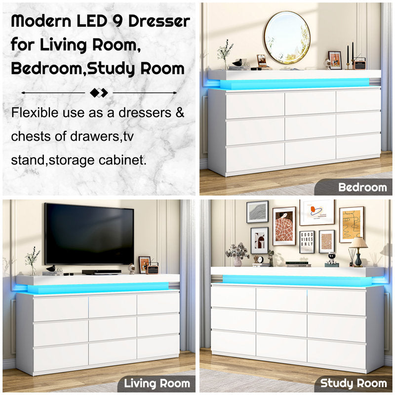 Contemporary  Double Dresser with RGB LED Lights and Spacious Storage Drawers