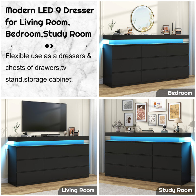 Contemporary  Double Dresser with RGB LED Lights and Spacious Storage Drawers