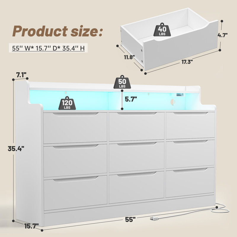 Contemporary White Drawer Dresser with Illuminated Shelf and Vanity Storage