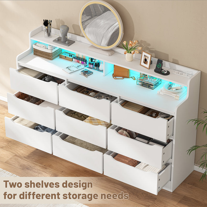 Contemporary White Drawer Dresser with Illuminated Shelf and Vanity Storage