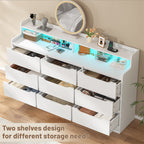 Contemporary White Drawer Dresser with Illuminated Shelf and Vanity Storage