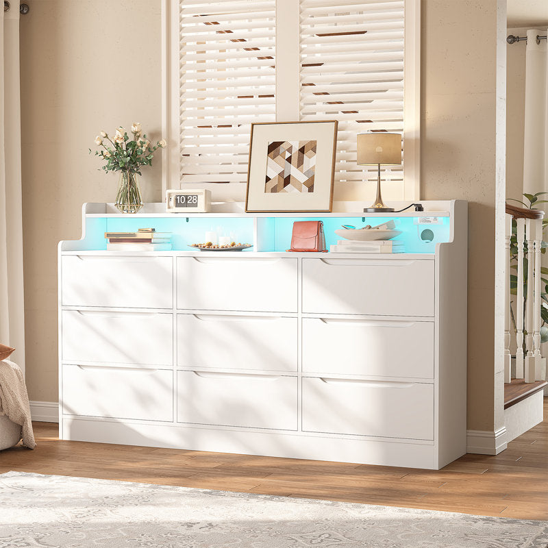 Contemporary White Drawer Dresser with Illuminated Shelf and Vanity Storage