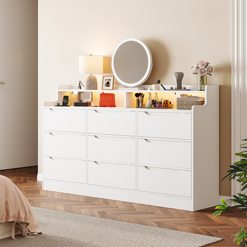 Contemporary White Drawer Dresser with Illuminated Shelf and Vanity Storage