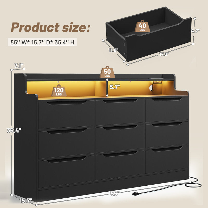 Contemporary White Drawer Dresser with Illuminated Shelf and Vanity Storage