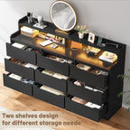 Contemporary White Drawer Dresser with Illuminated Shelf and Vanity Storage