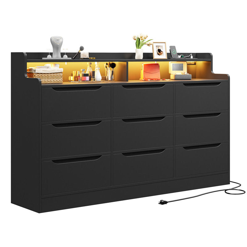 Contemporary White Drawer Dresser with Illuminated Shelf and Vanity Storage