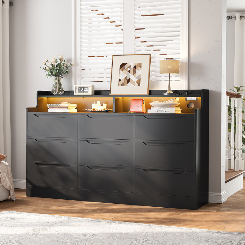Contemporary White Drawer Dresser with Illuminated Shelf and Vanity Storage