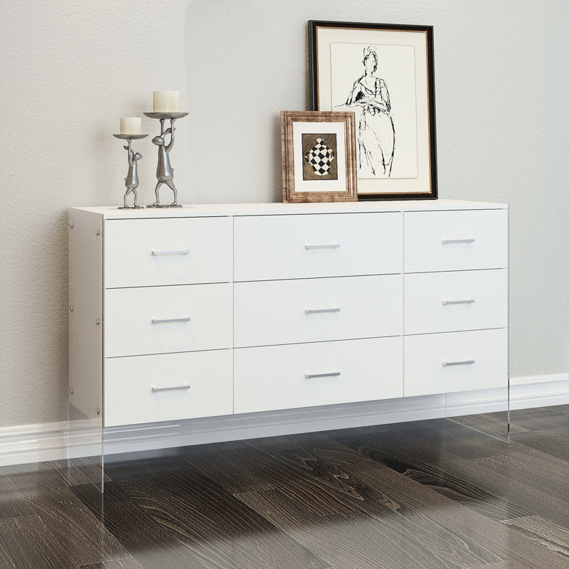 Minimalist White Storage Cabinet with Modern Acrylic Legs and Spacious Drawers
