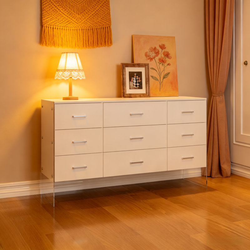 Minimalist White Storage Cabinet with Modern Acrylic Legs and Spacious Drawers